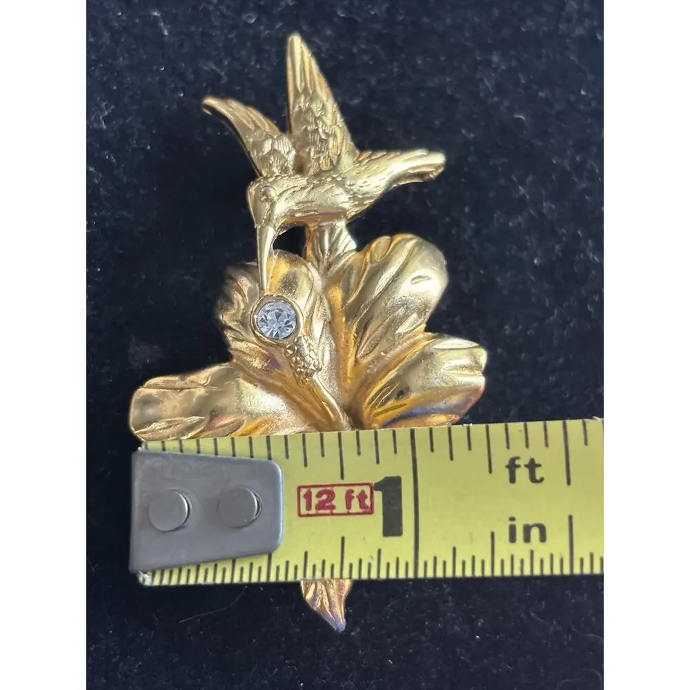 Monet Matte Gold Tone Hummingbird Flower Brooch Rhinestone Vintage Pin Signed